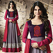Nice Grey And Purple Embroidered Georgette Anarkali Salwar Suit
