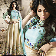 Exquisite Cream And Sky Blue Embroidered Silk Floral Anarkalis Dress