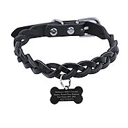Black Genuine Leather Braided Adjustable Dog Collar Personalized Custom Engraved with Name Address Phone Number Pet I...