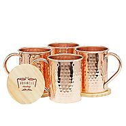 Moscow Mule Copper Mugs Set of 4 - 16 Ounce with 4 Artisan Hand Crafted Wooden Coasters (Classic) by Advanced Mixology