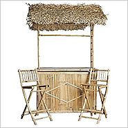 Bamboo Bar with Thatched Roof and Two Bar Stools Set