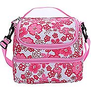 Double Decker Insulated Lunch Box Pink Soft Cooler Bag Thermal Lunch Tote with Shoulder Strap (Pink Flower)