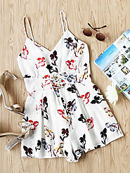 Cami Straps Lace Up Corset Floral Playsuit $21 @ SheIn