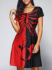 Halloween Skeleton Print Contrast Color Dress @ DressLily
