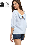 Womens Blouses For Summer Ladies Striped Round Neck Three Quarter Length Sleeve