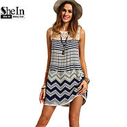 Women Striped Multicolor Sleeveless Print Lace Yoke Shift Loose Tank Boho Sexy Dress
