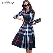 Women's Elegant Cotton A-line Knee Length Women Long Sleeve Plaid Long Shirt Dresses