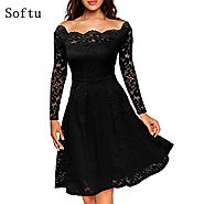 Sexy Lace Party Dress Slash Neck Off the Shoulder Black Dresses Long Sleeve