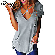 T-Shirt Women Front Cross V Neck Ripped T Shirts Bandage Loose Basic Tee Tops