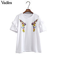 Women flower embroidery ruffles loose white T shirt short sleeve