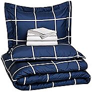 AmazonBasics 7-Piece Bed-In-A-Bag - Full/Queen, Navy Simple Plaid