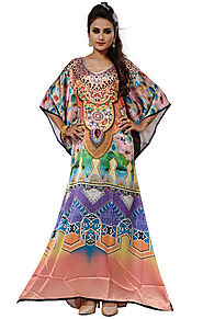 Buy Beautiful Multicolor Digital Print Satin Dress Kaftan With V-Neck