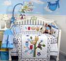 SoHo Blue Owl Tree Baby Crib Nursery Bedding Set 13 pcs included Diaper Bag with Changing Pad & Bottle Case