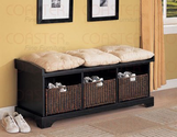 Black finish wood country style bedroom hall bench with storage baskets