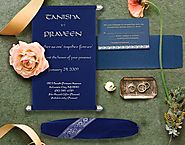 ROYAL BLUE VELVET SCROLL WEDDING CARD