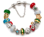 Christmas Holiday Charm Bracelet with Trees, Stars, Snowflake, Red & Green Lampwork Beads; European Style Compatible ...