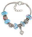 Silvertone 7" + 1" Extension Murano-style "Mom"-Themed Blue Glass Beads with Heart Charm Bracelet for Mother's Day