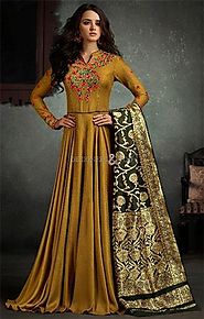 Buy Challenging Brown Stitched Viscose Designer Gown Dress For Mehendi