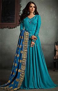 Buy Charismatic Blue Stitched Flared Viscose Gown With Embroidery