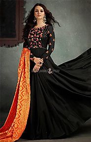 Buy Charming Black Flared Floral Embroidered Viscose Party Gown Dress