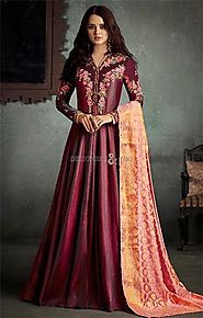 Buy Classic Maroon Stitched Floral Floor Touch Engagement Gown Dress
