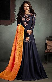 Buy Convincing Dark Blue Viscose Stitched Designer Long Floral Gown