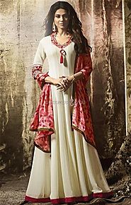 Moccasin Cream Resham Worked Bollywood Fashion Georgette Gown Dress