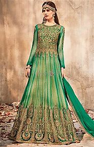 Buy Ornamented Chain Stitch Worked Green Gown Best For All Body Type