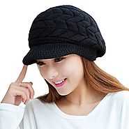 HINDAWI Women Winter Warm Knit Hat Wool Snow Caps With Visor, Black