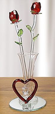 Red Roses in Glass Vase with Heart and Hanging Crystal Heart Shaped Charm - Crystal Roses That Will Last Forever - Gi...