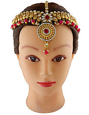 Gold Tone Pink Colour Designer Matha Patti Jewellery For Women