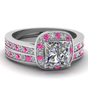 1.10 Ct Princess Cut Diamond & Pink Sapphire Halo Wedding Rings Set W Milgrain VS2 14K