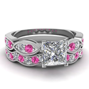 1.25 Ct Princess Cut Diamond & Pink Sapphire 14K Gold Wedding Rings Set E-Color GIA Certified # 5151267693