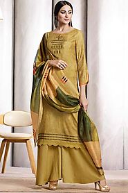 Mustred Color Palazzo Pant Suit With Resham
