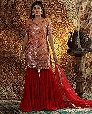 Buy Online Georgette Peach Zari Work Sharara Suit Set | Anuchaa
