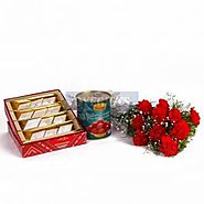 Ten Red Carnation Bunch with Kaju Katli and Gulab Jamuns