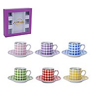 Espresso Cups with Saucers Set-12pc Set- Fine Porcelain with Nice Checker Design Mix Assorted Colors- 6 Cups and 6 Sa...