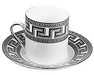 Porcelain Demitasse Cups and Saucers Set of 6 for Espresso or Turkish Coffee Greek Key Design (Silver)