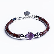 Fleur de Lys - Brown Leather Bracelet with Amethyst Gemstone