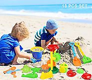 Click N Play 18 Piece Beach sand Toy Set, Bucket, Shovels, Rakes, Sand Wheel, Watering Can, Molds,