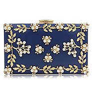 Milisente Pearl Beaded Clutches Purses Bags Flower Wedding Evening Handbag (Navy Blue)