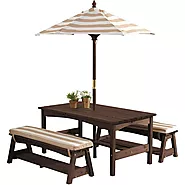 BBNBDMZ Outdoor Wooden Table & Bench Set with Cushions and Umbrella Backyard Espresso with Oatmeal and White Stri...