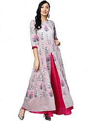 Buy Grey And Magenta Printed Flare Layered Kurta Dress