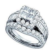 3.00 Carat (ctw) 14K White Gold Round, Princess & Baguette White Diamond Ladies Engagement Ring Set 3 CT