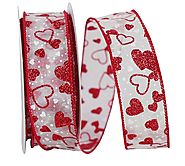 Sheer Glitter & White Hearts Wired Edge Valentine's Day Ribbon