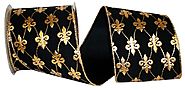 Gold Fleur-De-Lis Design Velvet Wired Edge Ribbon for Mardi Gras
