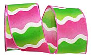 Bright Wavy Striped Wired Edge Ribbon in Lime/Fuchsia Color