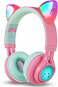 31.98$-Riwbox CT-7 Cat Ear LED Light Up Wireless Kids Headphones (Pink&Green)