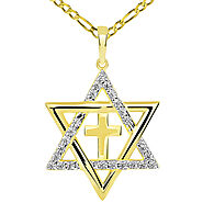 14k Yellow Gold CZ Star of David with Religious Cross Judeo Christian Pendant Figaro Necklace