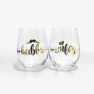 4. Hubby and Wifey Couples Stemless Wine Glasses Set